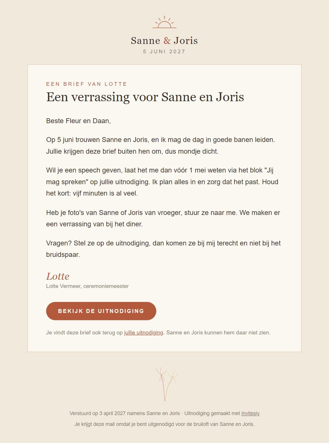 De ceremoniemeesterbrief als e-mail in het thema Bohemian Chic