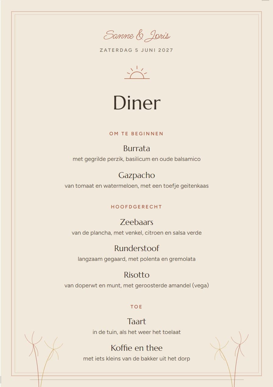 Menukaart in het thema Bohemian Chic: Diner, met gangen en opties