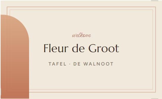 Naamkaartje in het thema Bohemian Chic: welkom, Fleur de Groot, tafel De walnoot
