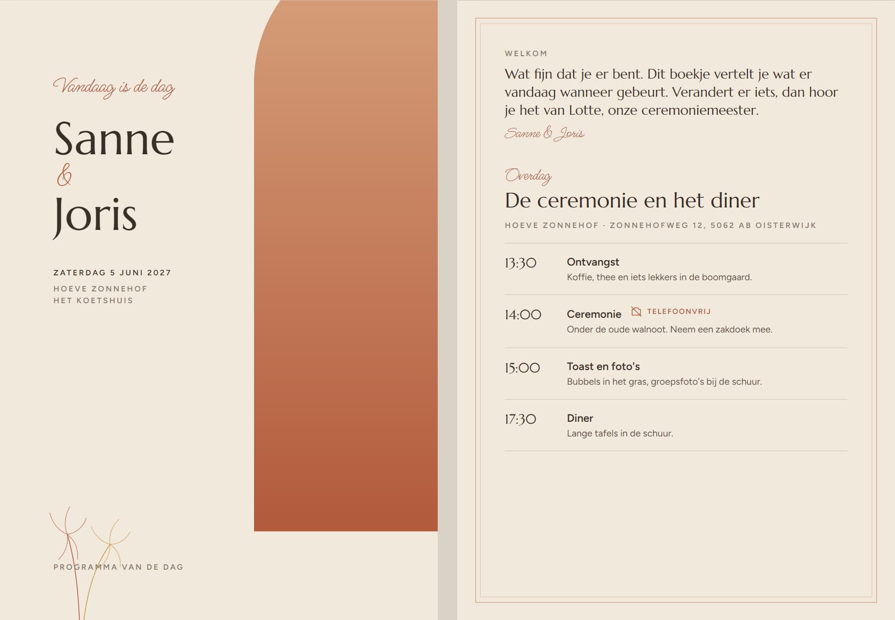 Programmaboekje in het thema Bohemian Chic: voorkant en de pagina met het programma overdag